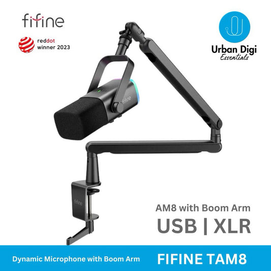 Fifine TAM8 - Podcast Gaming Microphone Dual Output Bundle Fifine AM8 dan Boom Arm Fifine Low Profile