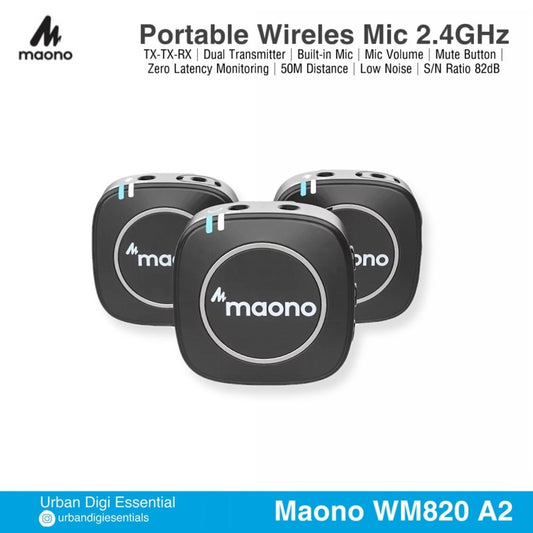Maono WM820 A2 - Compact Wireless Microphone System Dual Mic Camera Vloger