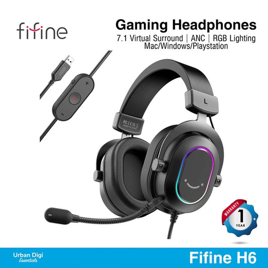 Fifine H6 - Gaming Headset Surround 7.1 Active Noise Canceling RGB Lighting Light weight Detachable Mic