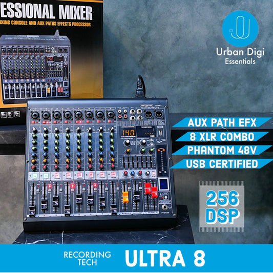Recording Tech Ultra 8 Professional Mixer 8 Channel Mixing Console dengan Fitur Bluetooth Aux Path Effects Processor 256 DSP USB Phantom 48V Individual XLR combo Untuk Karaoke Podcast Rekaman Acara Outdoor