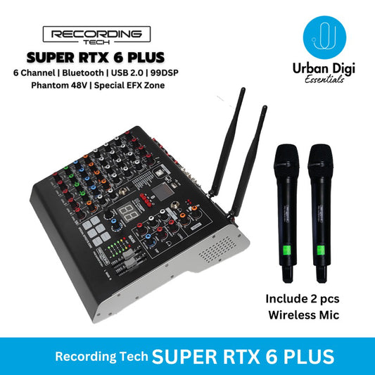 RECORDING TECH PRO SUPER RTX 6 PLUS - Mixer Audio 6 Channel Include 2 pcs Wireless Mic, Support Bluetooth, USB 2.0, 99 DSP