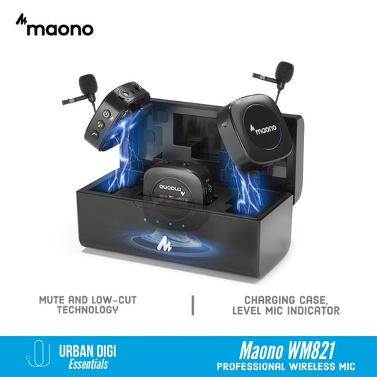 Maono WM821 - Professional Wireless Mic Microphone dengan Charging Case, level mic indicator, low cut intelegent noise reduction up to 20hours working time
