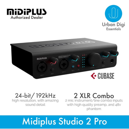 MIDIPLUS STUDIO 2 PRO - Audio Interface Soundcard Recording / Music Cover / Voice Over / Podcast / Content Creator Professional 24-bit 192kHz dual channel XLR Combo Phantom 48V High Quality Pre Amp include Cubase 10.5 Original