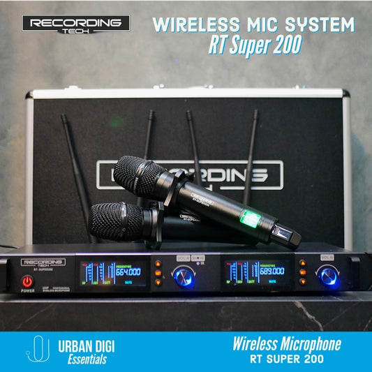 Recording Tech RT Super 200 Black - Wireless Microphone System Professinal Vocal Dual Mic untuk Acara Karaoke Masjid Event Akustik Kafe Gereja Musik