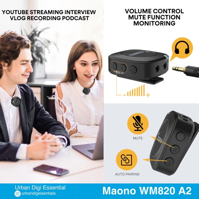 Maono WM820 A2 - Compact Wireless Microphone System Dual Mic Camera Vloger