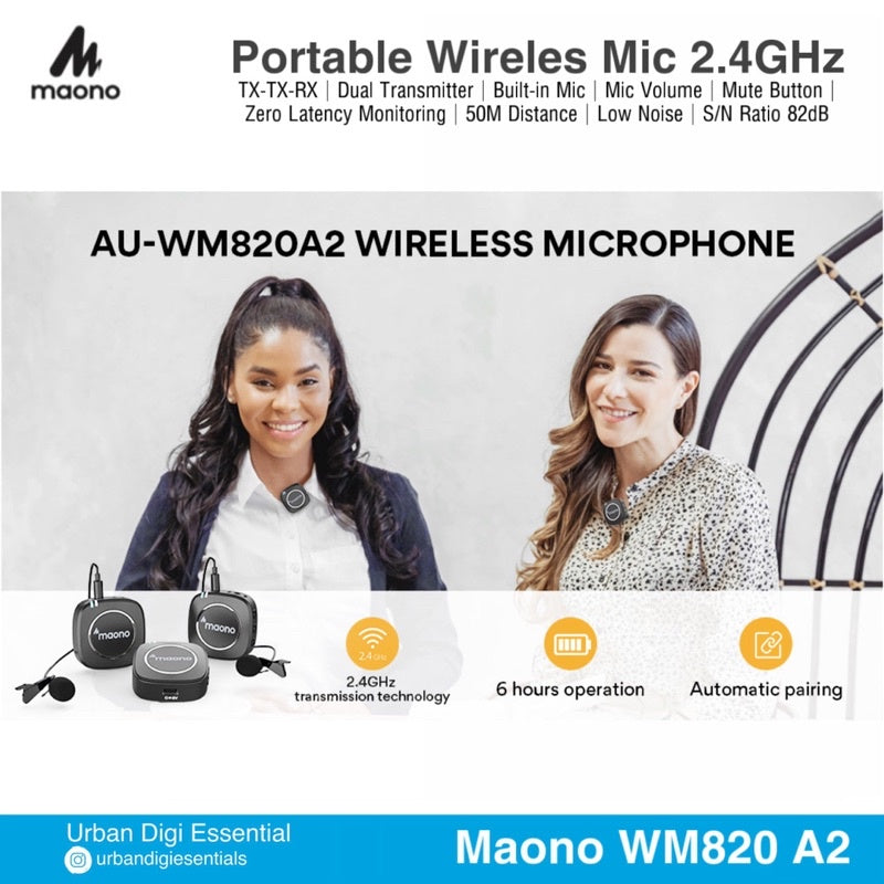 Maono WM820 A2 - Compact Wireless Microphone System Dual Mic Camera Vloger