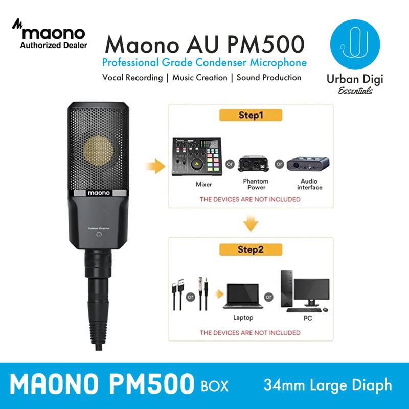 Maono AU PM500 - Professional Studio Condenser Large Diaph 34MM Mic untuk Recording/Podcast Professional