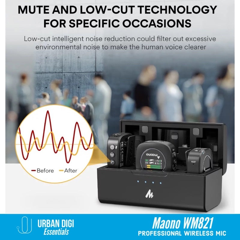 Maono WM821 - Professional Wireless Mic Microphone dengan Charging Case, level mic indicator, low cut intelegent noise reduction up to 20hours working time