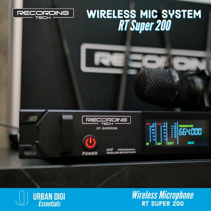 Recording Tech RT Super 200 Black - Wireless Microphone System Professinal Vocal Dual Mic untuk Acara Karaoke Masjid Event Akustik Kafe Gereja Musik