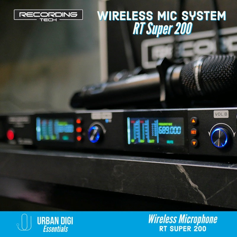 Recording Tech RT Super 200 Black - Wireless Microphone System Professinal Vocal Dual Mic untuk Acara Karaoke Masjid Event Akustik Kafe Gereja Musik