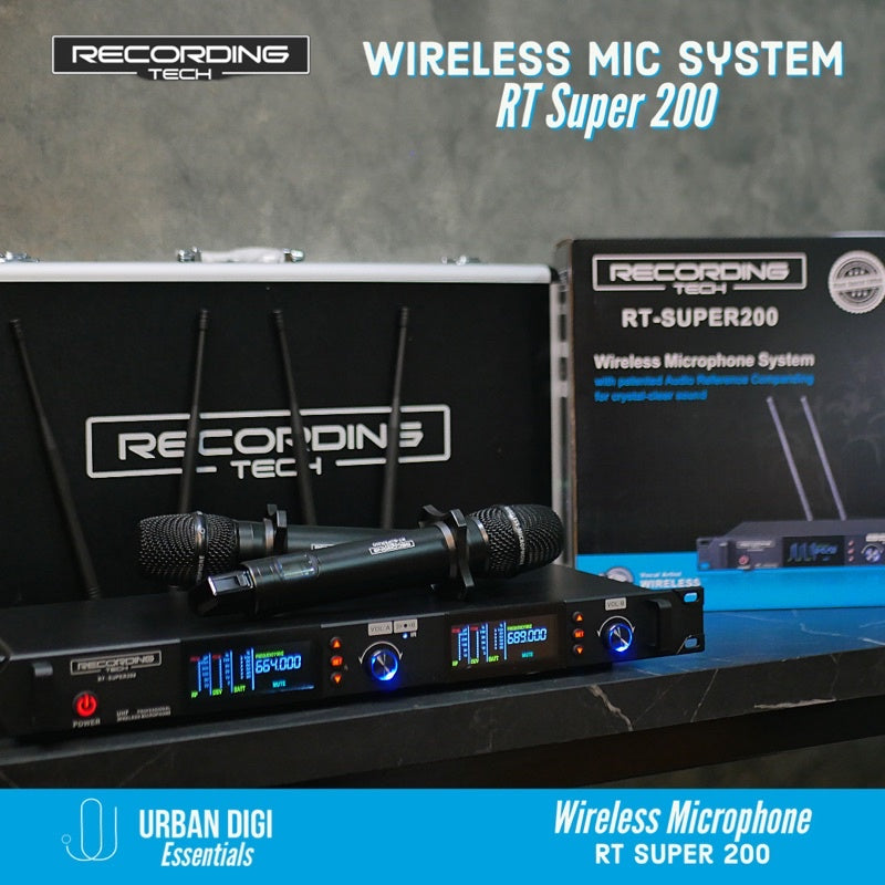 Recording Tech RT Super 200 Black - Wireless Microphone System Professinal Vocal Dual Mic untuk Acara Karaoke Masjid Event Akustik Kafe Gereja Musik