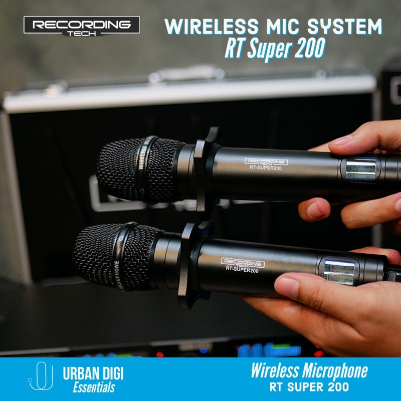 Recording Tech RT Super 200 Black - Wireless Microphone System Professinal Vocal Dual Mic untuk Acara Karaoke Masjid Event Akustik Kafe Gereja Musik